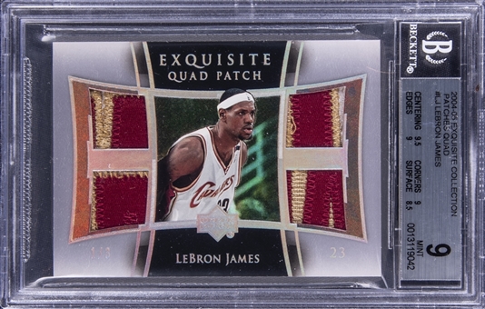2004-05 UD "Exquisite Collection" Quad Patch #LJ LeBron James Quad Patch Card (#1/3) - BGS MINT 9